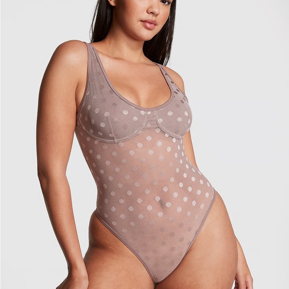 Victoria's Secret Mesh Polka Dot Bodysuit - Taupe